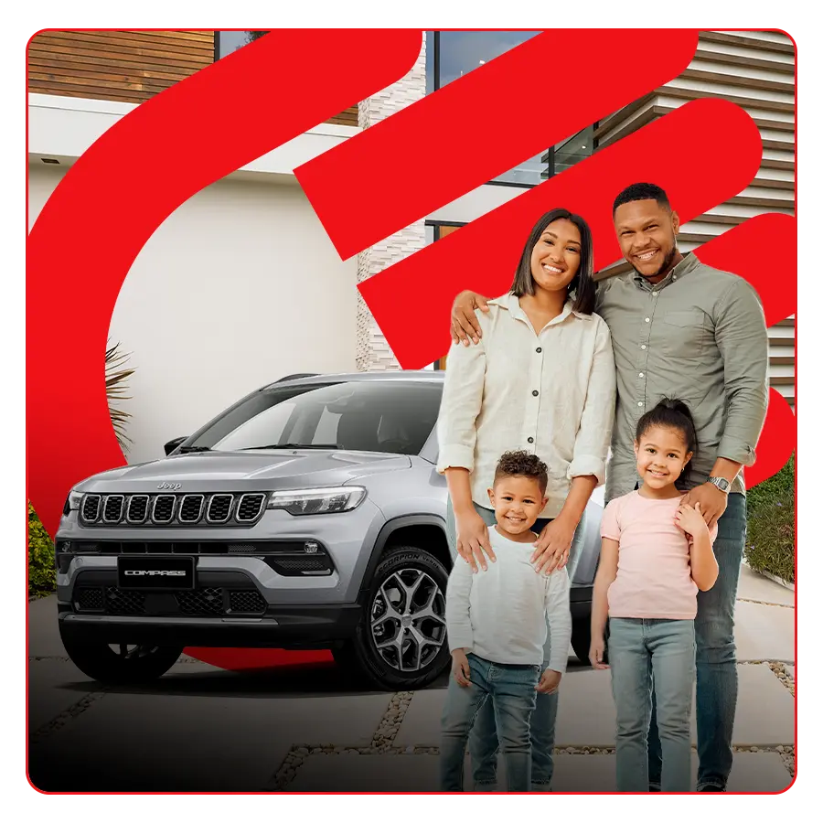 Família feliz ao lado de um Jeep Compass com logo da Embracon ao fundo.